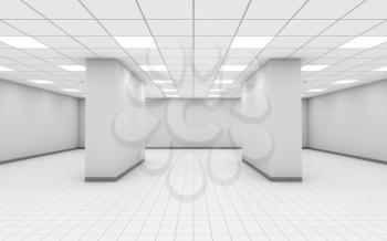 Abstract empty white office room interior with columns, ceiling lights and floor tiling, 3d illustration