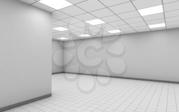 Abstract empty office room interior with white walls, ceiling lights and floor tiling, 3d illustration