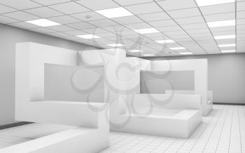 Abstract white empty office room interior with chaotic geometric construction, 3d illustration