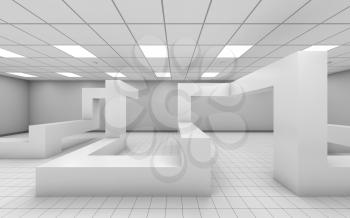 Abstract white empty office interior with chaotic geometric construction, 3d illustration