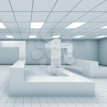 Abstract monochrome empty office room interior with chaotic geometric installation, 3d illustration