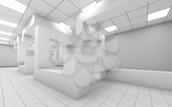 Abstract white empty office room interior with chaotic geometric construction, 3d render illustration