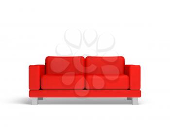 Red sofa isolated on white empty interior background, 3d illustration, front view