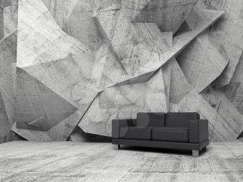 Abstract interior, concrete office room with chaotic relief pattern on the wall and black leather sofa, 3d illustration