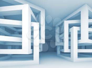 Abstract empty interior with chaotic braced cube constructions, 3d illustration