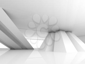 Abstract empty white room interior with inclined columns and window, 3d render illustration