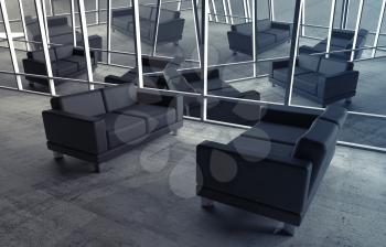Abstract surreal office interior with concrete floor and black leather sofas, 3d illustration