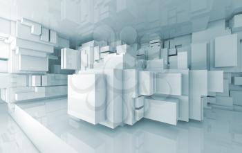 Abstract high-tech interior with chaotic cubes constructions, 3d illustration
