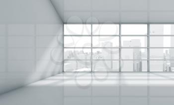 Abstract white interior of an empty office room with cityscape in the window. 3d render illustration