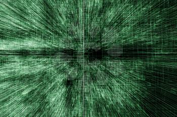 Digital background with abstract green 3d structure, glowing wire-frame lines with pixes effect over black background