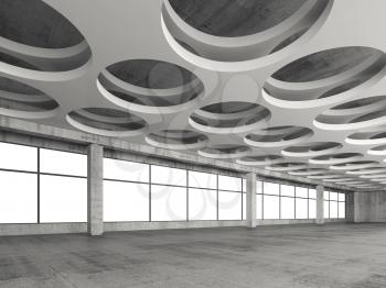 Empty gray concrete interior background with round holes ceiling pattern, 3d illustration