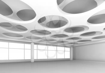 Empty white interior background with round holes pattern on ceiling, 3d illustration