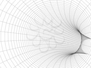 Turning tube tunnel 3d illustration. Black wire-frame digital mesh on white background