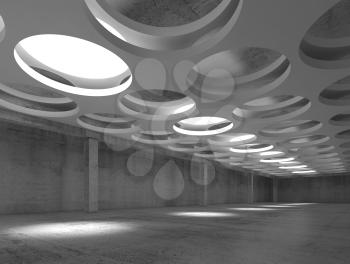 Empty dark concrete hall interior with big round illuminators in suspended ceiling, 3d illustration background