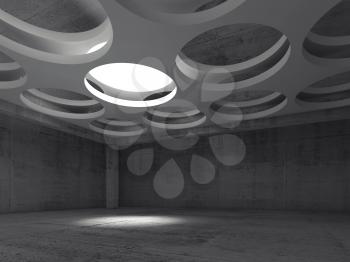 Empty dark concrete hall interior with round illumination hole in white suspended ceiling, 3d illustration background