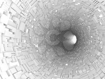 Abstract white tunnel interior with technological extruded segments. Digital 3d illustration