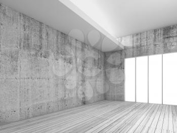 Empty white interior background with wooden floor, concrete walls and ceiling illumination, 3d render illustration