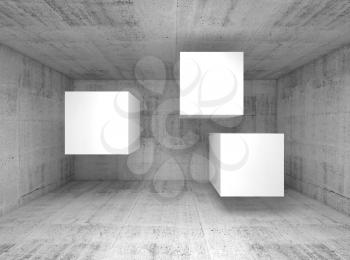 Abstract concrete interior with three white flying cubes as a banners place, 3d illustration background