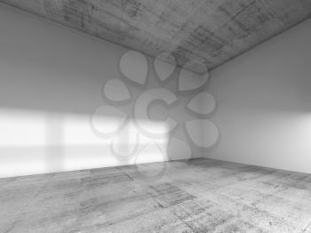 Abstract interior of an empty room with white painted walls, rough concrete floor and ceiling. 3d render illustration