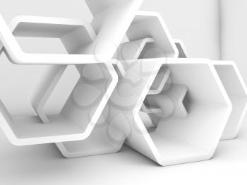 Abstract chaotic white honeycombs. Computer graphic background useful as a wallpaper image. 3d render illustration