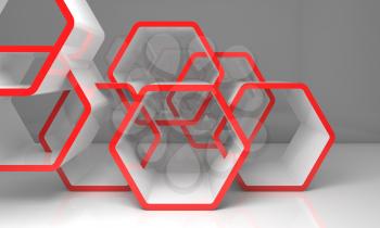Fragment of an abstract white honeycombs installation with red sections in empty room. Computer graphic background useful as a wallpaper image. 3d render illustration