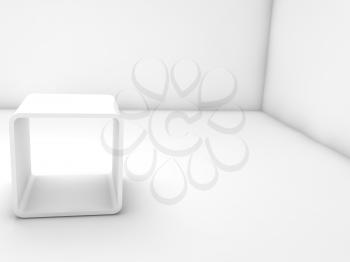 Empty white exhibition stand box in blank interior, 3d illustration