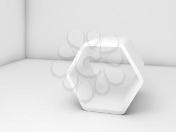 Empty white hexagonal stand in clean room interior, 3d render illustration