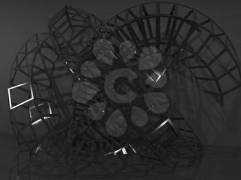 Abstract black digital background, physical wire-frame structure installation. 3d illustration