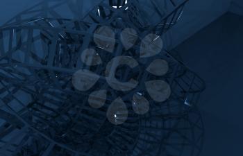Abstract blue digital graphic background, wire-frame structure in the dark. 3d render illustration
