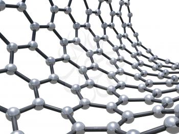Single-walled zigzag carbon nanotube molecular structure isolated on white background. Atoms connected in wrapped hexagonal lattice. 3d illustration