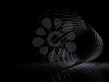 Abstract technology background, tunnel of hexagonal mesh on black background. 3d illustration