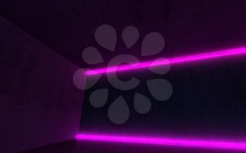 Abstract empty dark concrete interior with two purple neon light lines, 3d render illustration