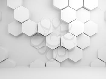 Abstract white interior with hexagon pattern on front wall, 3d render illustration