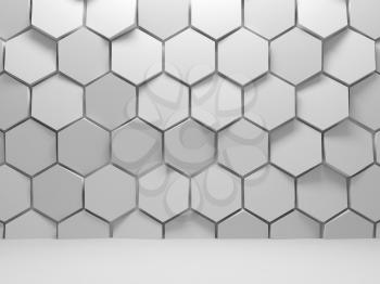 Abstract white interior background with hexagons installation on front wall, 3d render illustration