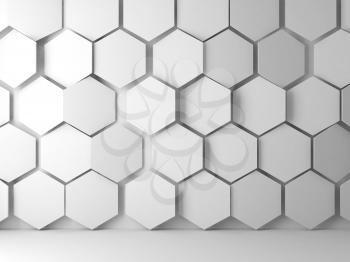Abstract blank white interior background with hexagonal relief pattern on front wall, 3d render