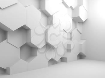 Abstract blank white interior background with hexagonal pattern on wall, 3d render illustration