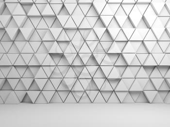 Abstract empty white interior background with mosaic triangles pattern on front wall, 3d render illustration
