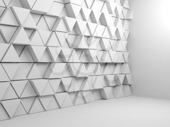 Abstract empty white interior background with triangular pattern installation, 3d render illustration