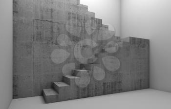 Concrete stairway construction in empty room, abstract architectural background, 3d render illustration