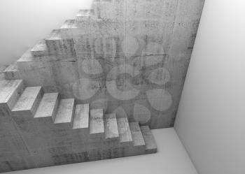 Concrete stairway installation in white empty room, abstract architectural background, 3d render illustration