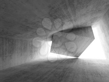 Abstract concrete room interior with cube installation, minimal architectural background. 3d render illustration
