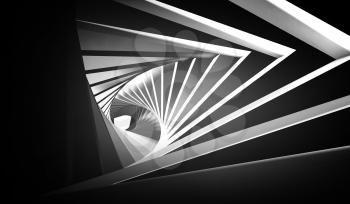 Abstract twisted black white tunnel background. 3d render illustration