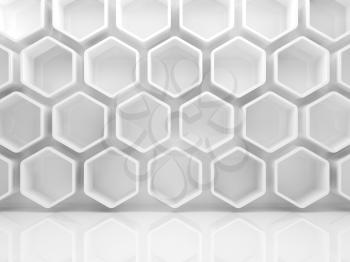 Abstract interior background with white honeycomb structure on the wall, 3d render illustration