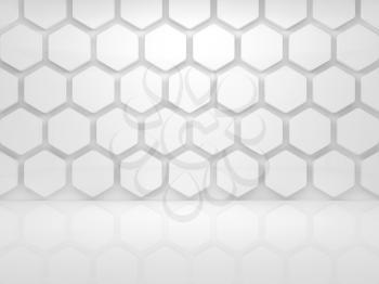 Abstract interior background with white honeycomb installation on the wall, 3d render illustration