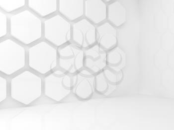 Abstract interior with white honeycomb installation on the wall, 3d render illustration
