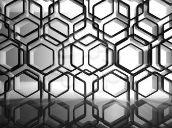 Abstract interior background with shiny black honeycomb installation, 3d render illustration