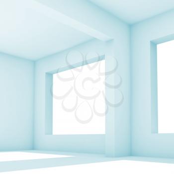 Empty white room with wide windows, abstract blue toned interior background. 3d render illustration
