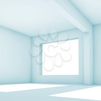 White room with wide empty windows and blue shadows, abstract empty interior background illustration, 3d render