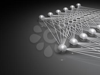 Artificial shallow neural network fragment, digital illustration with schematic metallic model, 3d render