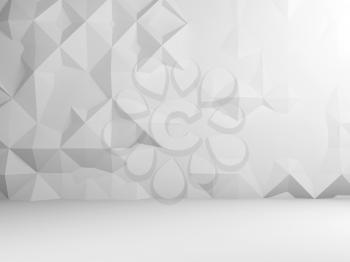 Abstract white interior with low poly mosaic pattern on the wall, 3d render illustration